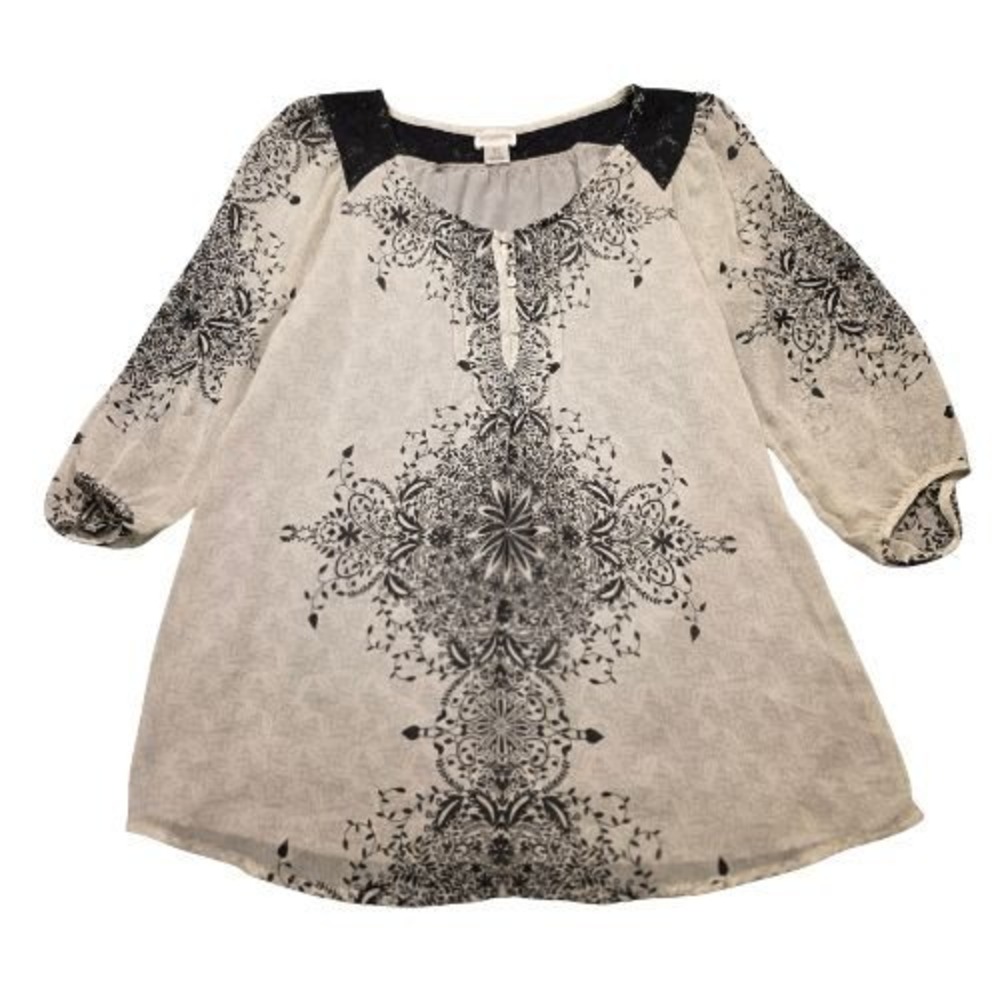 Motherhood Maternity Women S Black White Paisley Floral Lace Tunic Top Blouse